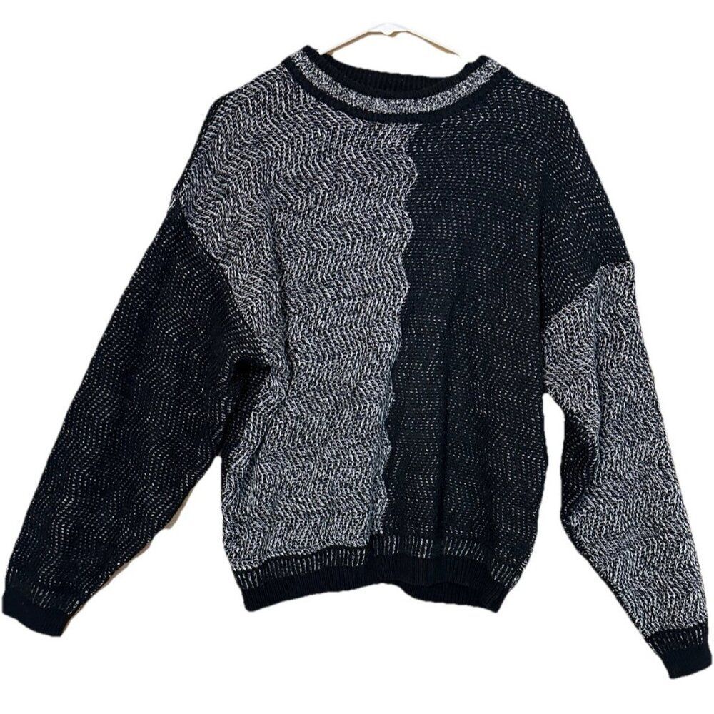 Vintage Koman Large black white color-block crewneck knit pullover sweater